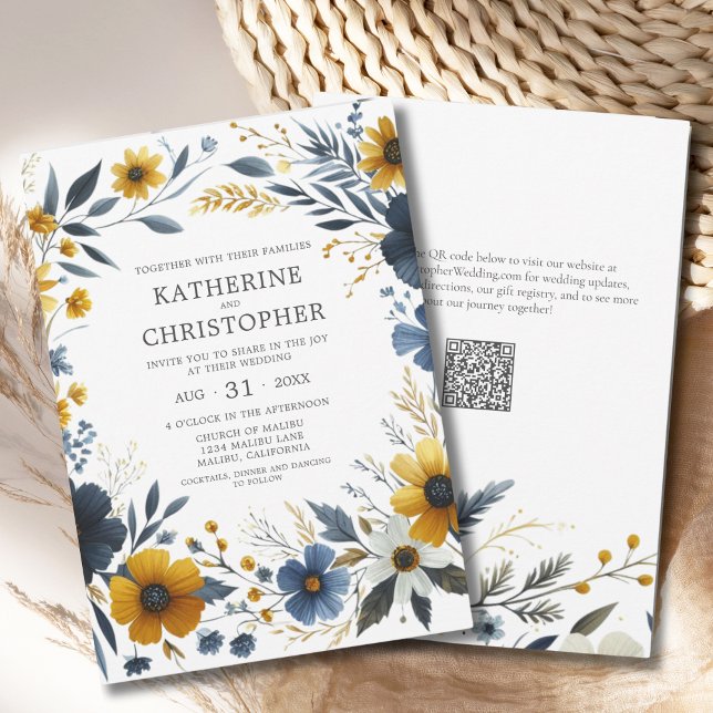 Gelbe blaue Wildblumen Hochzeit im Wasser Einladung (Blue Yellow Watercolor Wildflowers Elegant Wedding Invitation with QR Code for Wedding Website.)