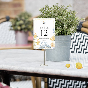 Gelbe & Blaue Wildblumen-Monogramm-Hochzeit Tischnummer