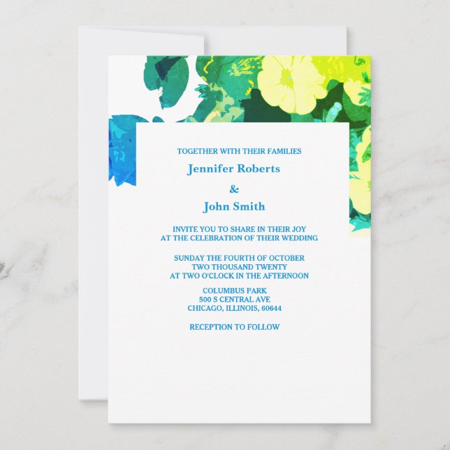 Gelbe bläuliche Blätter Art Custom Wedding Einladung (Vorderseite)
