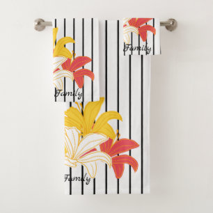 Gelbe Blume auf Schwarz-weißem Streifen Badhandtuch Set