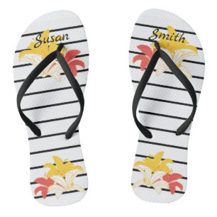 Gelbe Blume auf Schwarz-weißen Streifen Flip Flops