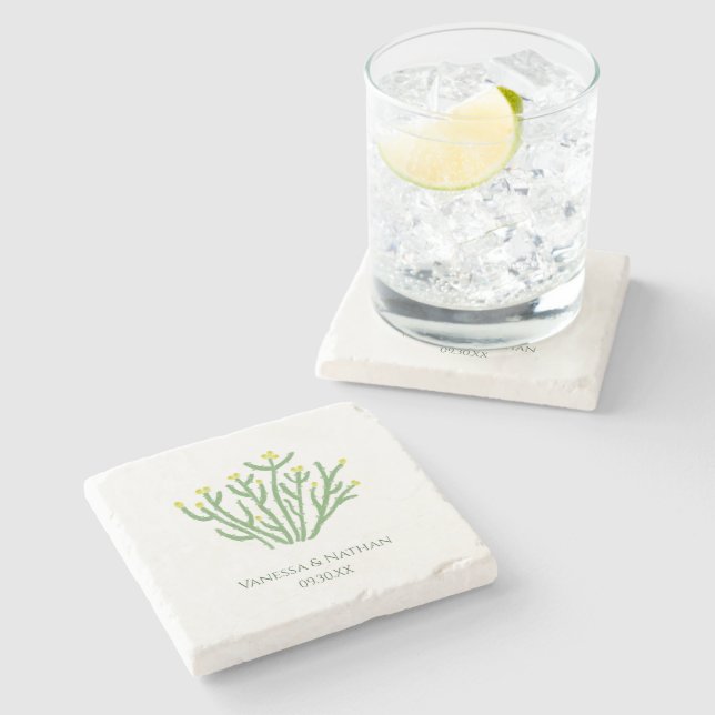 Gelbe Blume Cholla Cactus Gastgeschenk Hochzeit Steinuntersetzer (Seitenansicht)