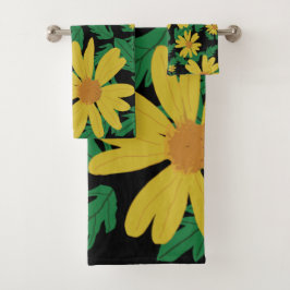 Gelbe Blume mit grünen Blätter Badetuch Badhandtuch Set