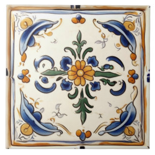 Gelbe Blume Mittelmeer Blau Creme Floral Fliese