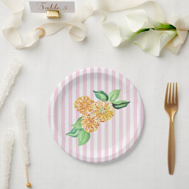 Gelbe Blume Rosa Streifen Pappteller (Hochzeit)