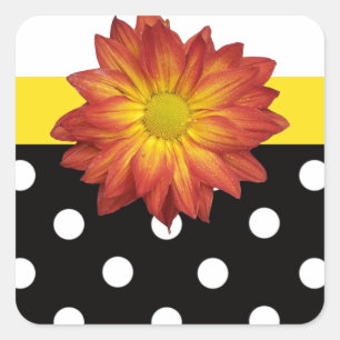 Gelbe Blume Schwarz-weißer Polka-Punkt mädchenhaft Quadratischer Aufkleber