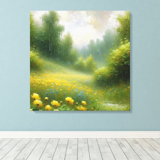 Gelbe Blumen an einem Regentag Leinwanddruck (Insitu (Holzboden))