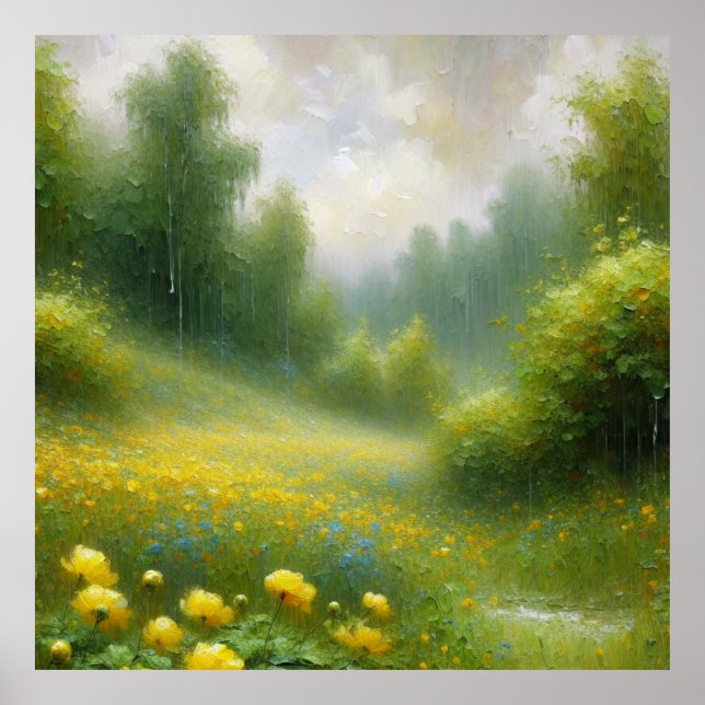 Gelbe Blumen an einem Regentag Poster (Vorne)