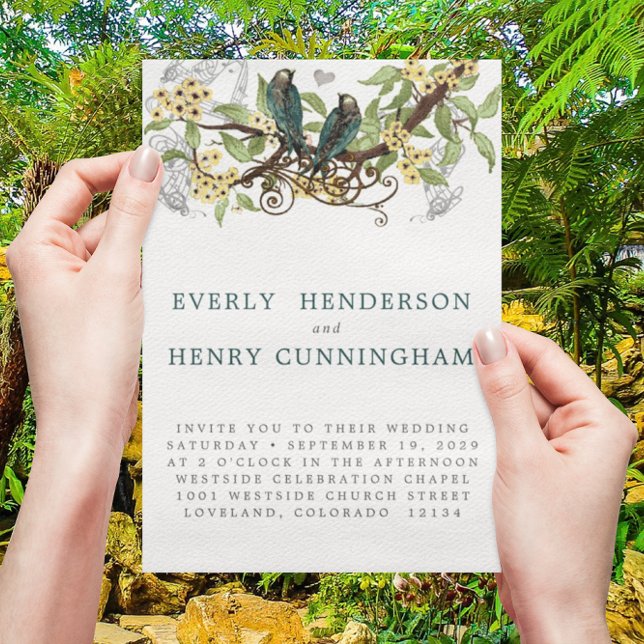 Gelbe Blumen Aquamarine Vintage Lovebird Hochzeit Einladung (Von Creator hochgeladen)