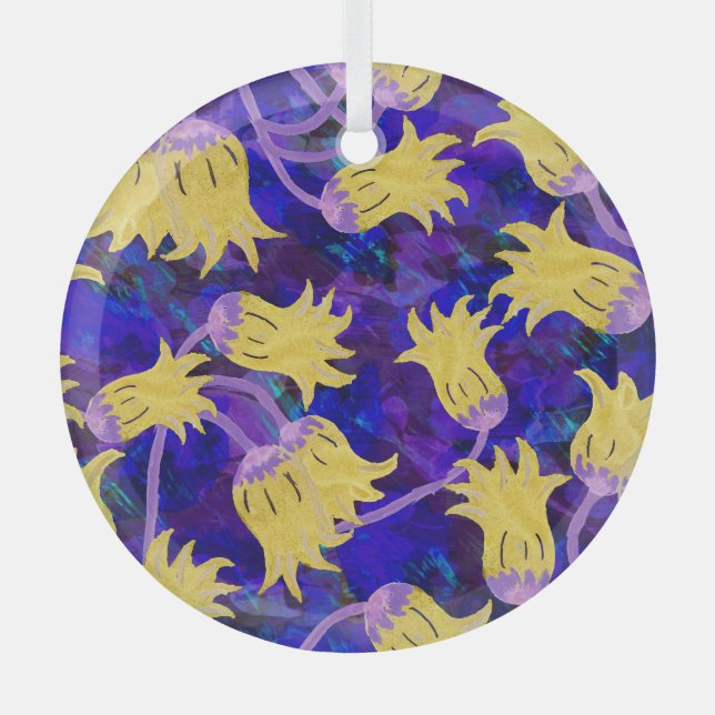 Gelbe Blumen: Aquarellbilder mit dunklem Hintergru Ornament Aus Glas (Vorderseite)