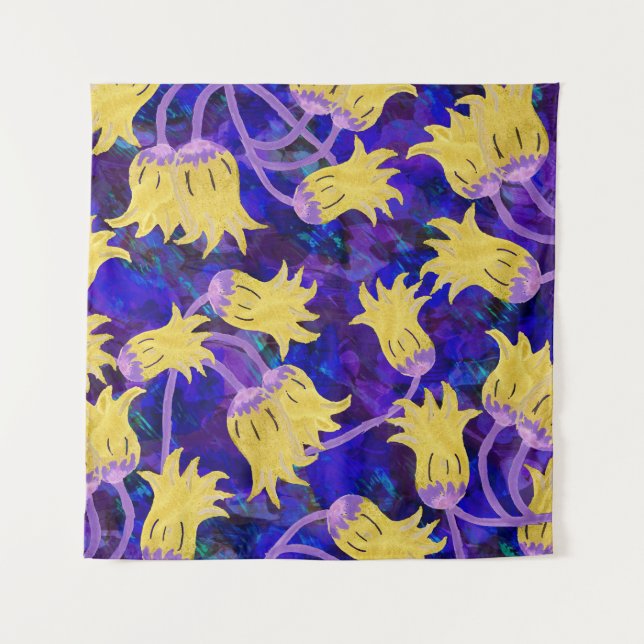 Gelbe Blumen: Aquarellbilder mit dunklem Hintergru Wandteppich (Vorderseite)