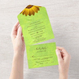 Gelbe Blumen auf Abstrakter Grüner Hochzeit All In One Einladung
