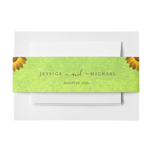Gelbe Blumen auf Abstrakter Grüner Hochzeit Einladungsbanderole (Vorderseite Beispiel)