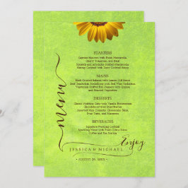 Gelbe Blumen auf Abstrakter Grüner Hochzeit Menükarte