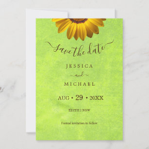 Gelbe Blumen auf Abstrakter Grüner Hochzeit Save The Date
