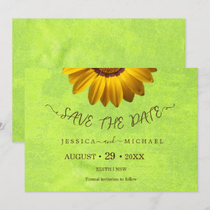 Gelbe Blumen auf Abstrakter Grüner Hochzeit Save The Date