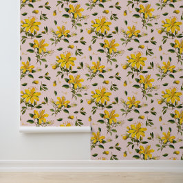 Gelbe Blumen auf blassem Rosa Tapete
