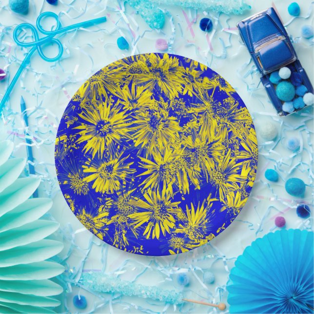 Gelbe Blumen auf blau Pappteller (Party)
