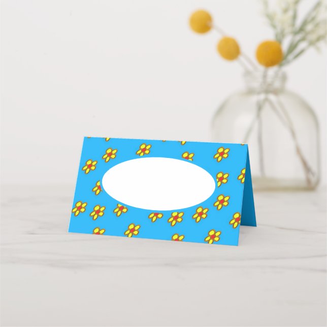 Gelbe Blumen auf blau Platzkarte (Vorderseite)