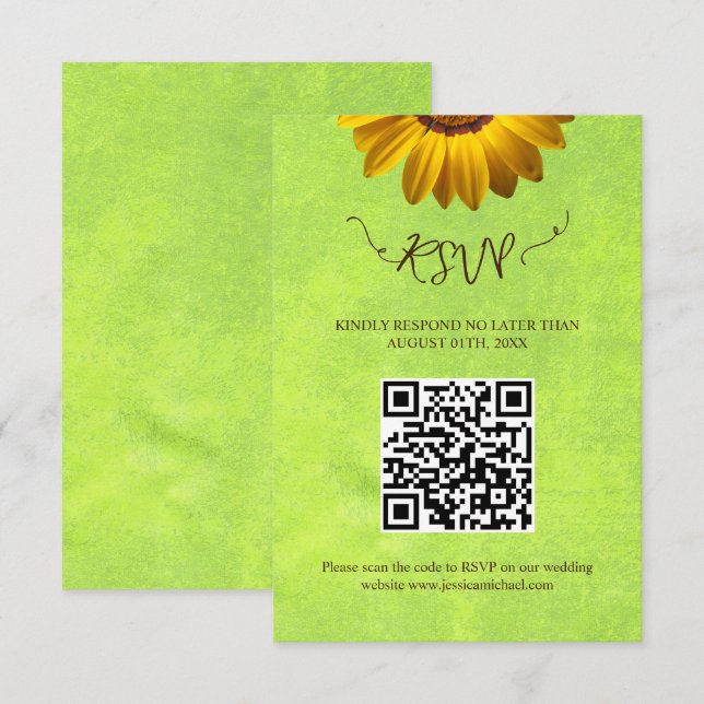 Gelbe Blumen auf der Abstrakten Green Wedding RSVP Karte (Vorne/Hinten)