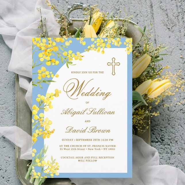 Gelbe Blumen auf hellblauer religiöser Hochzeit Einladung (Von Creator hochgeladen)