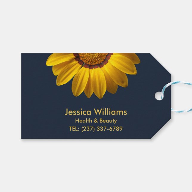 Gelbe Blumen auf Navy Blue-Hintergrund Monogram Geschenkanhänger (Vorderseite (Horizontal))
