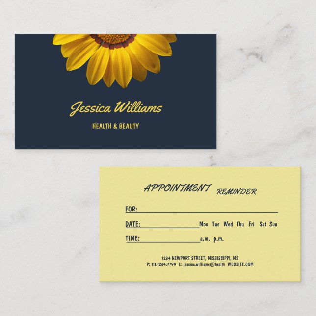 Gelbe Blumen auf Navy Blue-Hintergrund Monogram Terminkarte (Vorne/Hinten)