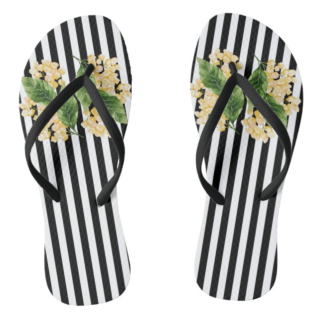 Gelbe Blumen auf schwarz-weißen Streifen Flip Flops (Fußbett)