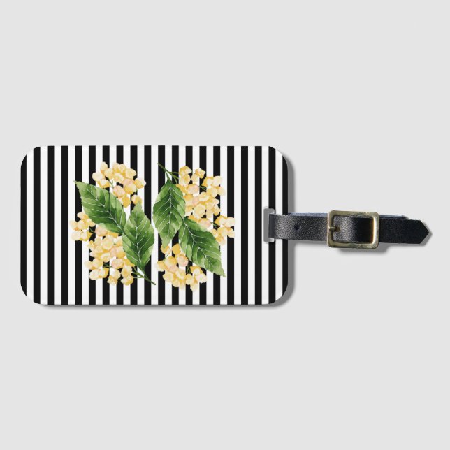 Gelbe Blumen auf schwarz-weißen Streifen Gepäckanhänger (Vorderseite (Horizontal))