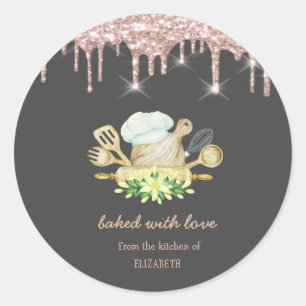 Gelbe Blumen Bäckerei-Werkzeuge Rose Gold Tropfen Runder Aufkleber