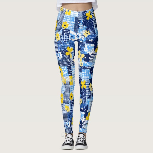 Gelbe Blumen Blaues Muster Leggings (Vorderseite)