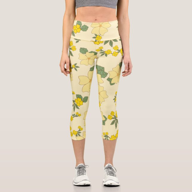 Gelbe Blumen, Blumenmuster, Muster von Blume Capri Leggings (Vorderseite)
