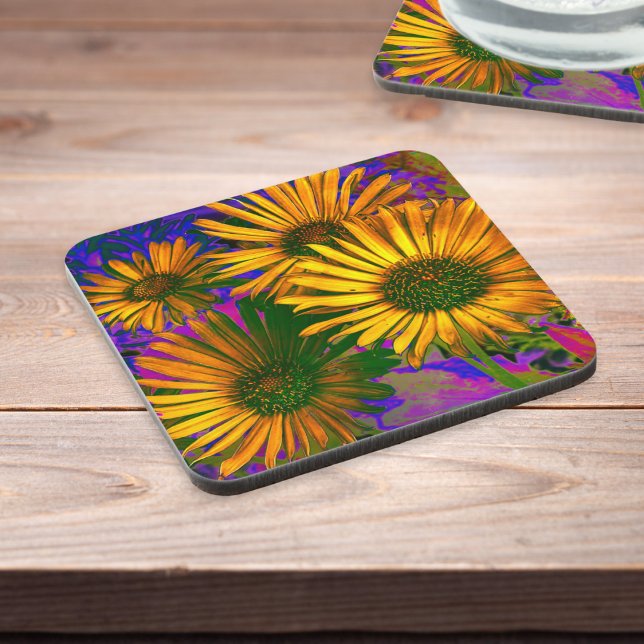 Gelbe Blumen Elegante Kunst, Dichtung und Musik Hü Getränkeuntersetzer (A stylish drinks mat coaster with vibrant design of yellow flowers with purple and magenta)