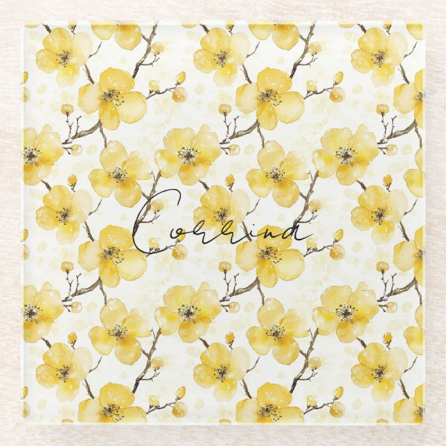 Gelbe Blumen Glasuntersetzer (Vorderseite)