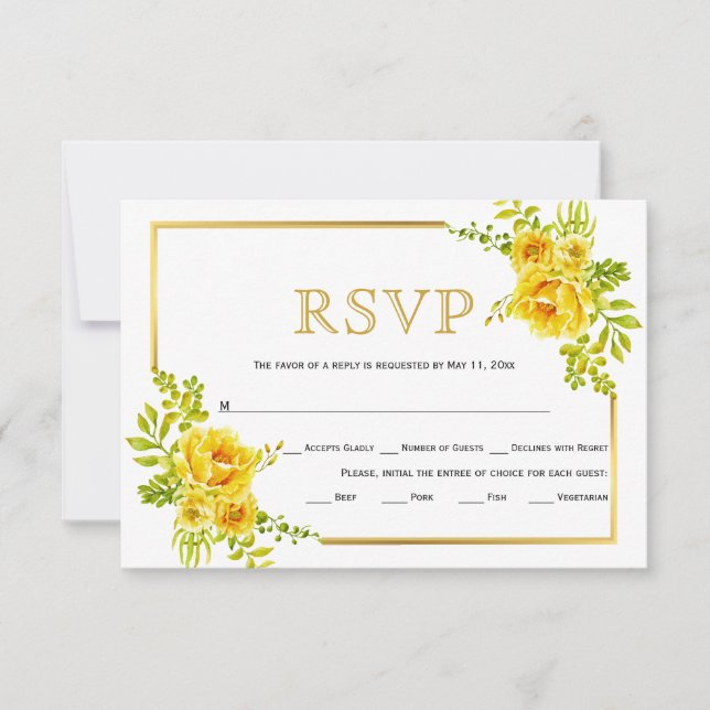 Gelbe Blumen, Goldrahmen Hochzeit RSVP Karte (Vorderseite)