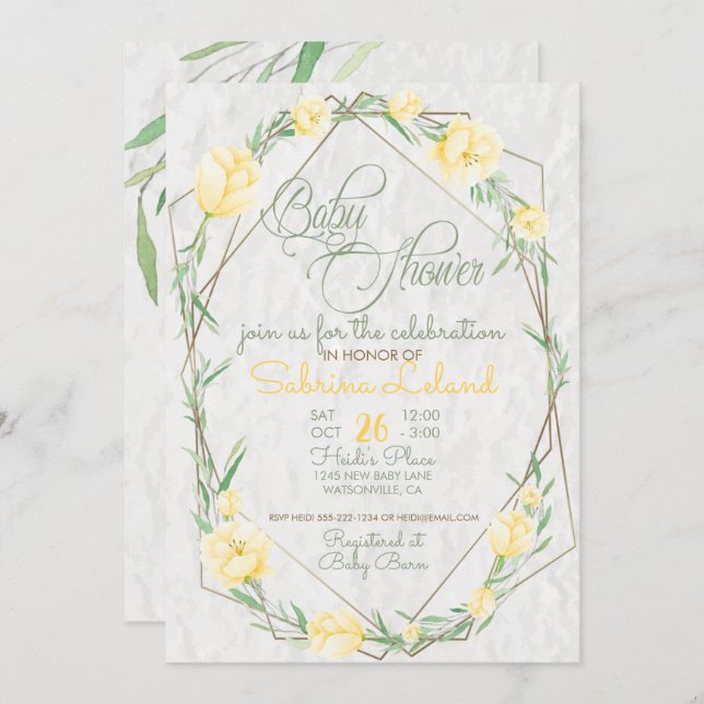 Gelbe Blumen Grüne Terrarium Babydusche Einladung (Vorne/Hinten)