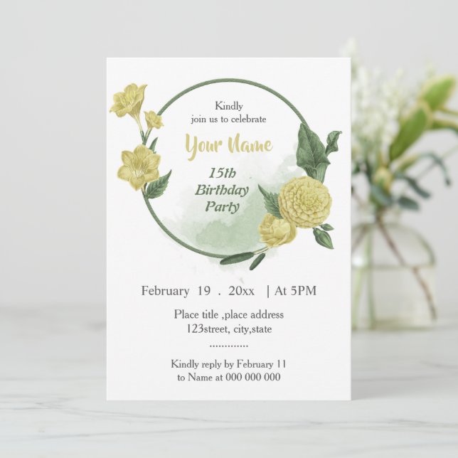 Gelbe Blumen Grünkranz Geburtstag Einladung (Stehend Vorderseite)