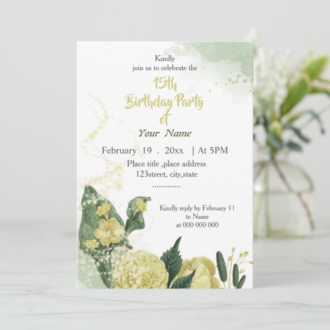 gelbe Blumen Grünpflanzen Geburtstag Einladung (Stehend Vorderseite)