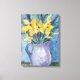 Gelbe Blumen in Blauer Vase, Aquarell Leinwanddruck