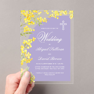Gelbe Blumen Lavendel Arch Religiöse Hochzeit Acryleinladungen