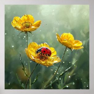 🐞 Gelbe Blumen Marienkäfer Natur Szene 🐞 Poster