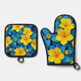 Gelbe Blumen - Mittelmeer Ofenhandschuh & Topflappen-Set