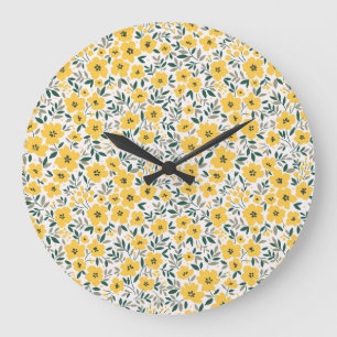 Gelbe Blumen: modernes florales Nahtlosmuster. Große Wanduhr