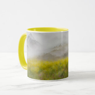 Gelbe Blumen Neblige Berge Kunst Tasse