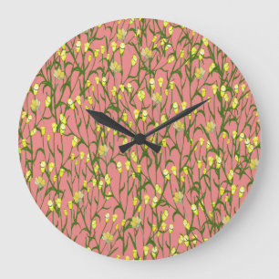 Gelbe Blumen Rosa Hintergrund Vintage Große Wanduhr