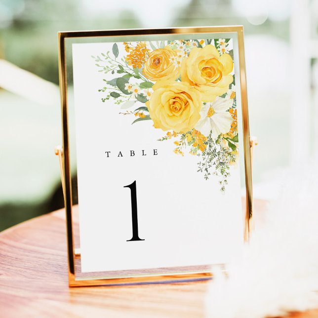 Gelbe Blumen-Rosen-Hochzeit-Tischnummern (Yellow rose wedding table number sign, watercolor floral table number card, elegant reception decor)