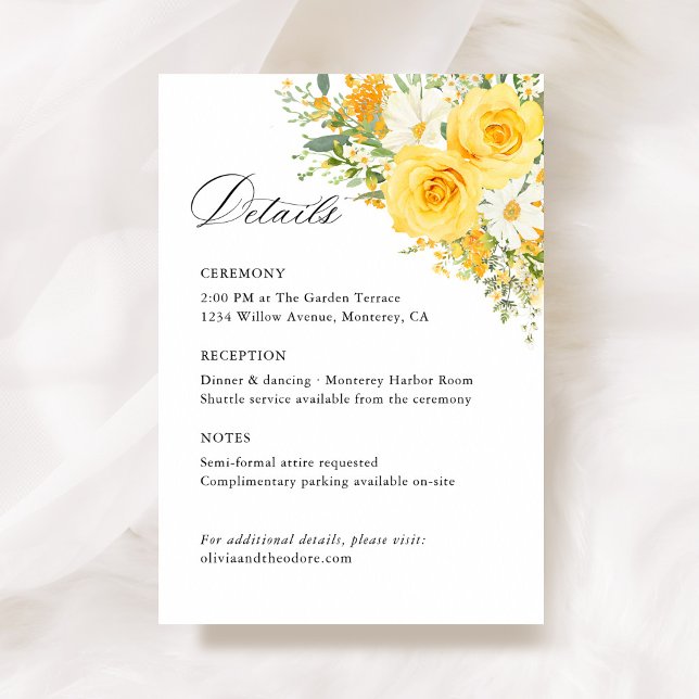 Gelbe Blumen-Rosen Hochzeitsdetails, Informationen Begleitkarte (Yellow floral wedding details card, watercolor roses, garden wedding stationery information card)