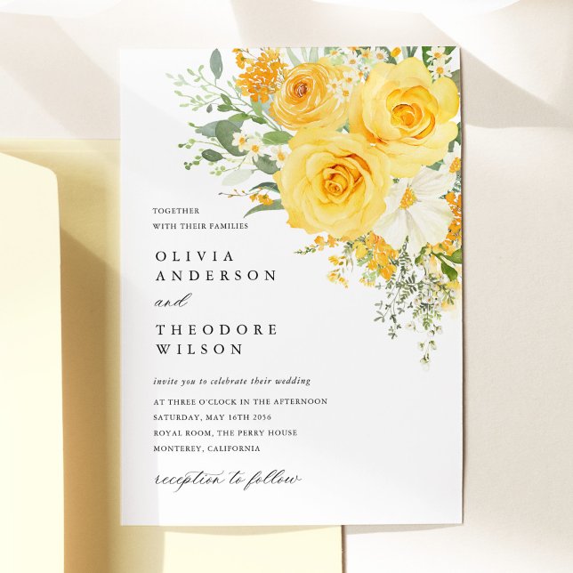Gelbe Blumen-Rosen-Hochzeitseinladung Einladung (Yellow floral rose wedding invitation, watercolor yellow roses, elegant spring garden stationery)