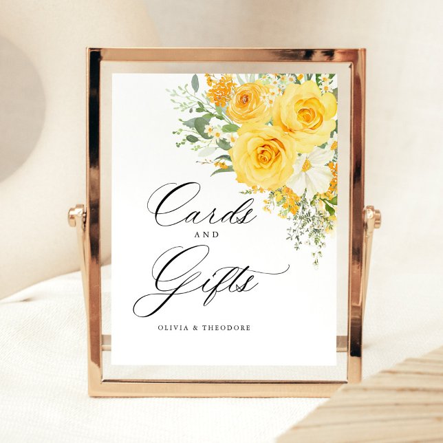 Gelbe Blumen-Rosen-Karten & Geschenke Hochzeitstis Sockelschild (Yellow rose floral wedding cards and gifts sign, romantic wedding reception gift table signage)