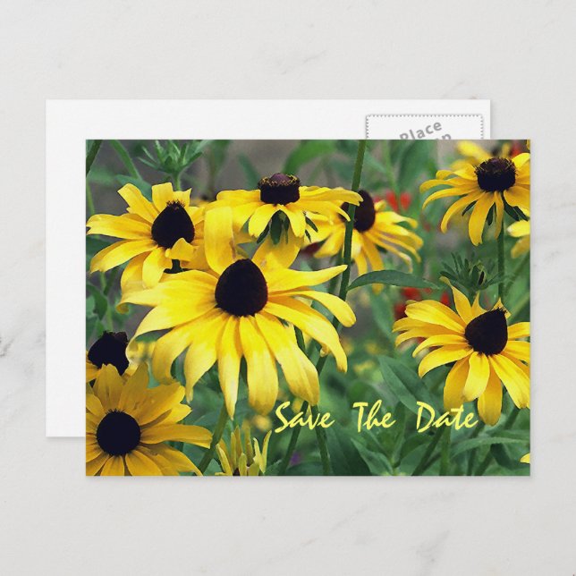 Gelbe Blumen Save the Date Postkarte (Vorne/Hinten)